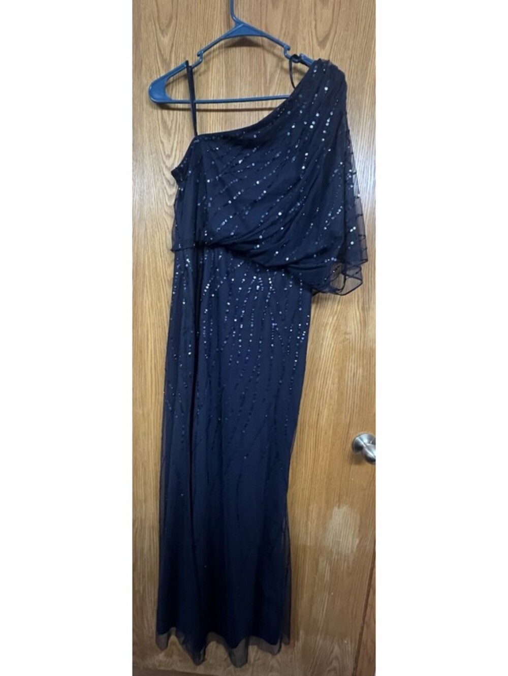 Adrianna Papell Women's Formal Dress Size 10 Blue Sequin One Shoulder Long Gown